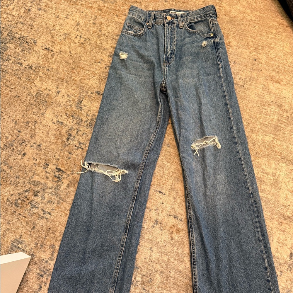 Bershka Blue Flare Wide Leg Jeans Distressed